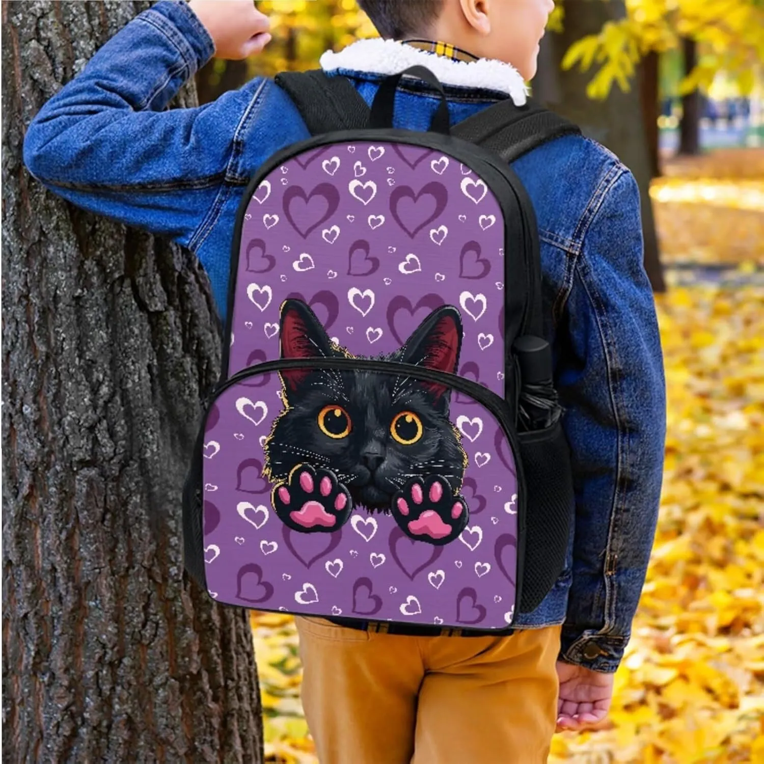 Cat Kids Backpack and Lunch Bag Set for First Year School 8-10 Years Large Capacity 17 inch Laptop Rucksack for Kindergarten Elementary School
