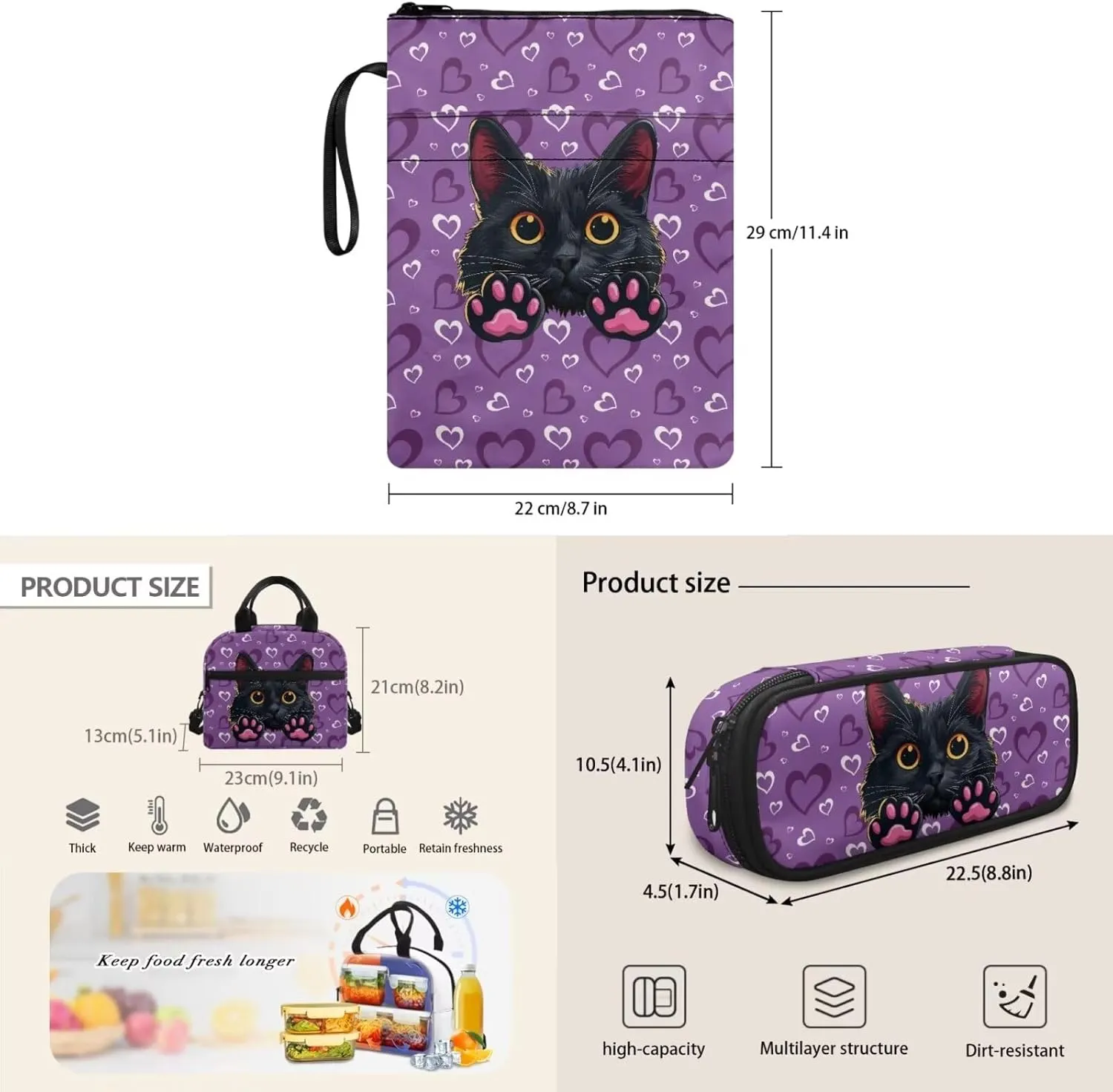Cat Kids Backpack and Lunch Bag Set for First Year School 8-10 Years Large Capacity 17 inch Laptop Rucksack for Kindergarten Elementary School