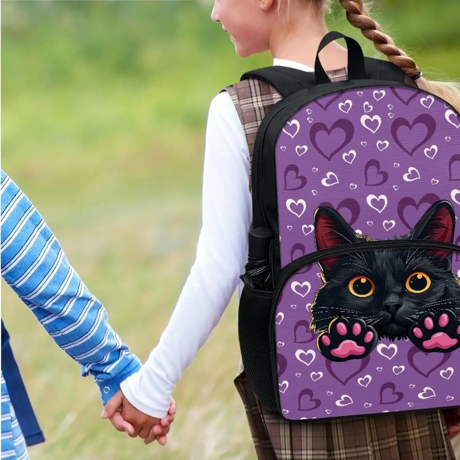 Cat Kids Backpack and Lunch Bag Set for First Year School 8-10 Years Large Capacity 17 inch Laptop Rucksack for Kindergarten Elementary School