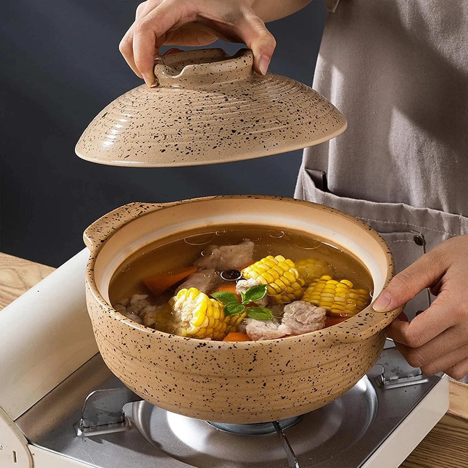 Ceramic Casserole Dish, Clay Pot, Earthen Pot Cookware with Lid for Dinner and Party, Stockpot for Stew, Soup, Steam, Bakeand Serve Oven Safe-Heat Resistant(3.7 QT)