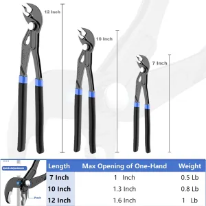 Channel Locks Plier Set of 3, Quick Adjust Groove Joint Pliers Set 7-inch, 10-inch, 12-inch, Groove Wrench Plier, Water Pump Pliers, Durable CR-V Steel Tongue