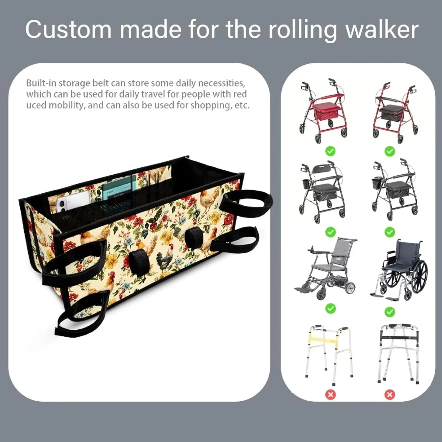 Chicken Floral Hand-Free Carry Storage Bag for Universal Walkers Folding Walker Accessories Bag Mobility Aid Accessory Pouch for Elderly Senior