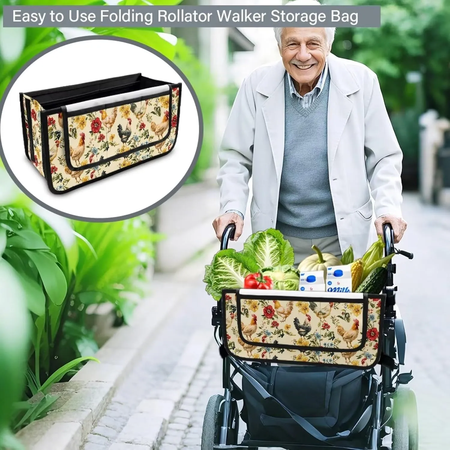 Chicken Floral Hand-Free Carry Storage Bag for Universal Walkers Folding Walker Accessories Bag Mobility Aid Accessory Pouch for Elderly Senior