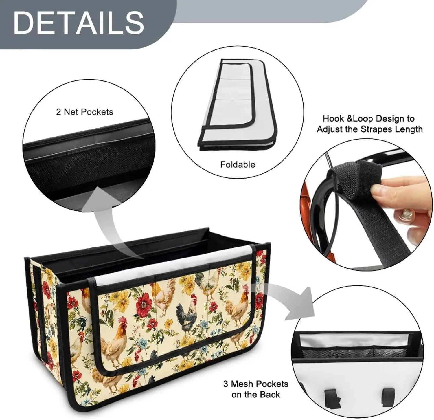 Chicken Floral Hand-Free Carry Storage Bag for Universal Walkers Folding Walker Accessories Bag Mobility Aid Accessory Pouch for Elderly Senior