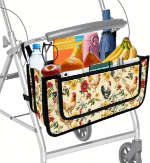 Chicken Floral Hand-Free Carry Storage Bag for Universal Walkers Folding Walker Accessories Bag Mobility Aid Accessory Pouch for Elderly Senior