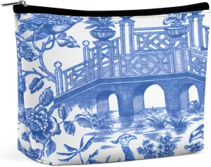 Chinese Style Powder Chinoiserie Blue And White Portable Cosmetic Bag Multifunction Storage Pouch PU Makeup Bag, Stationery Organizer with Zipper for Reunion Office