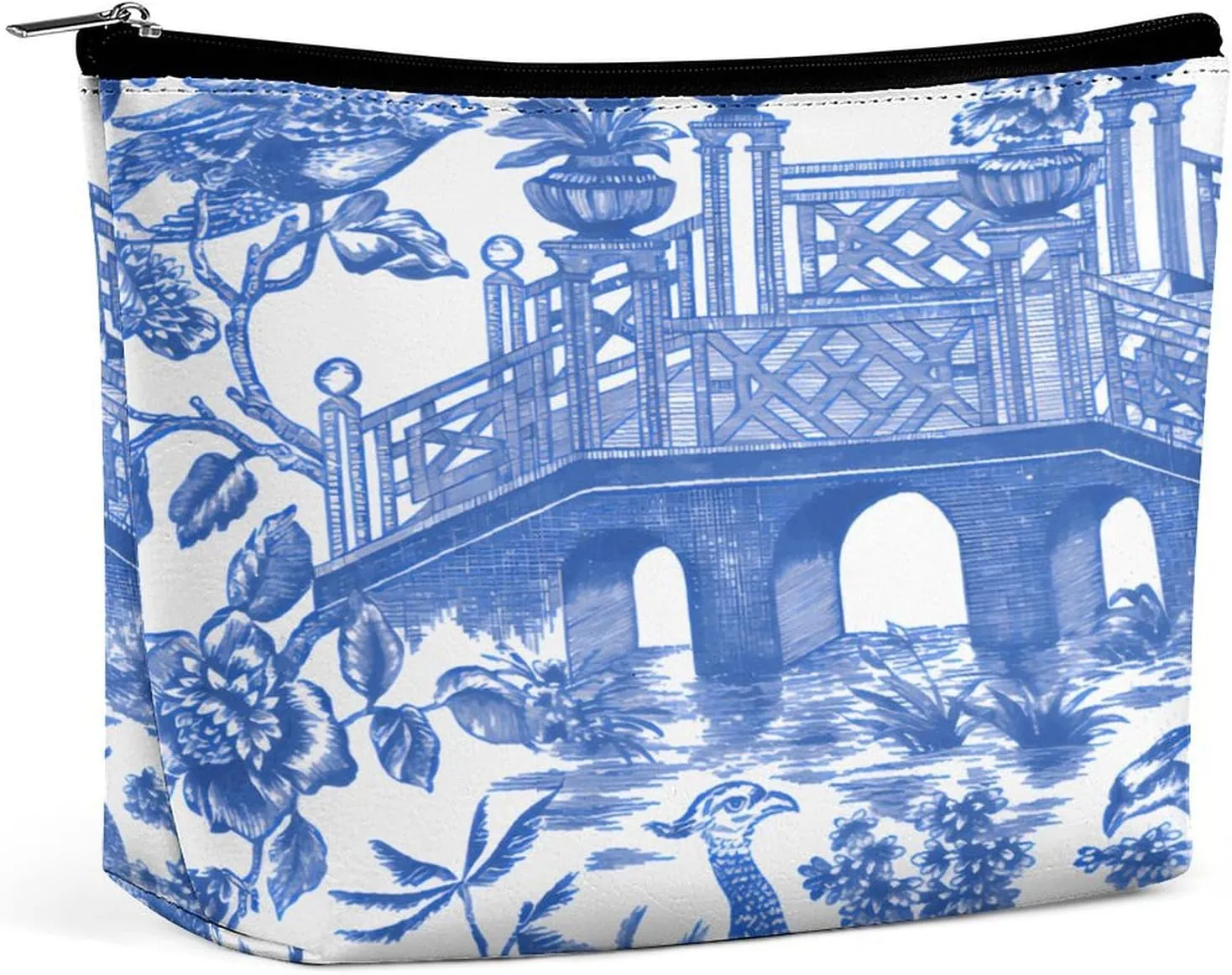 Chinese Style Powder Chinoiserie Blue And White Portable Cosmetic Bag Multifunction Storage Pouch PU Makeup Bag, Stationery Organizer with Zipper for Reunion Office