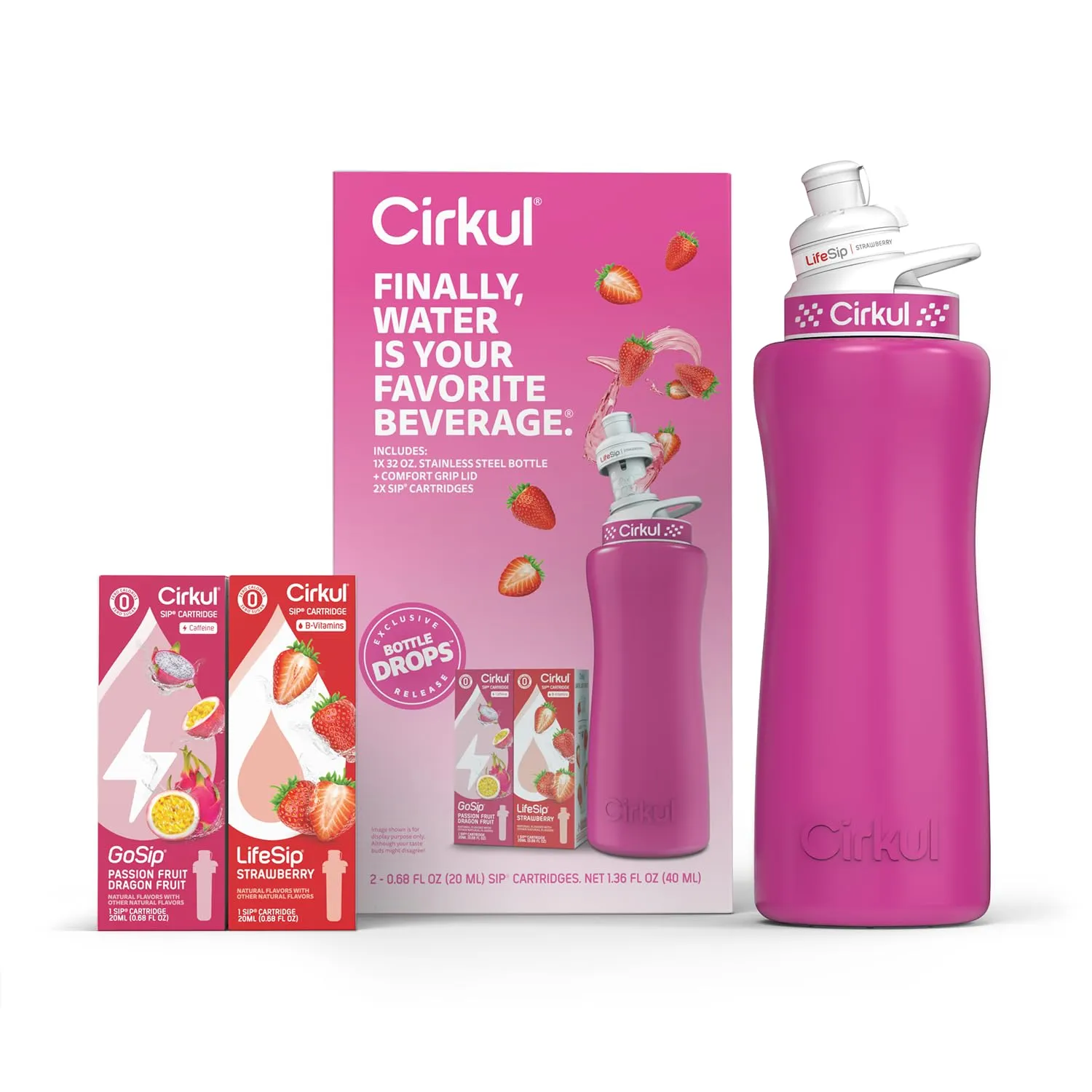 Cirkul 32oz. Hot Pink Stainless Steel Water Bottle Starter Kit with Pink Lid and 2 Flavor Cartridges (1 LifeSip Strawberry, 1 GoSip Passion Fruit Dragon Fruit) Zero Calories and No Sugar