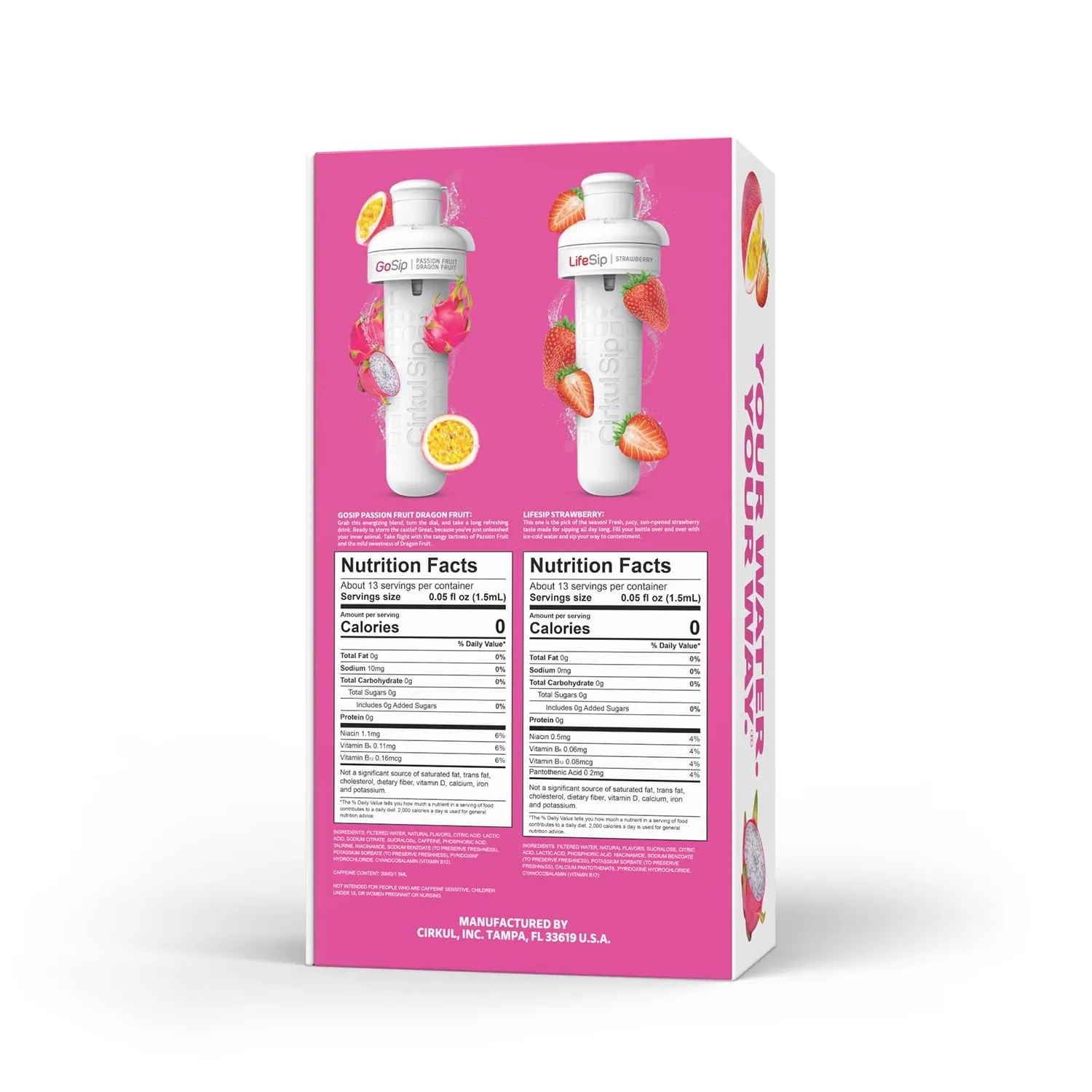Cirkul 32oz. Hot Pink Stainless Steel Water Bottle Starter Kit with Pink Lid and 2 Flavor Cartridges (1 LifeSip Strawberry, 1 GoSip Passion Fruit Dragon Fruit) Zero Calories and No Sugar