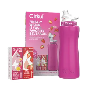 Cirkul 32oz. Hot Pink Stainless Steel Water Bottle Starter Kit with Pink Lid and 2 Flavor Cartridges (1 LifeSip Strawberry, 1 GoSip Passion Fruit Dragon Fruit) Zero Calories and No Sugar