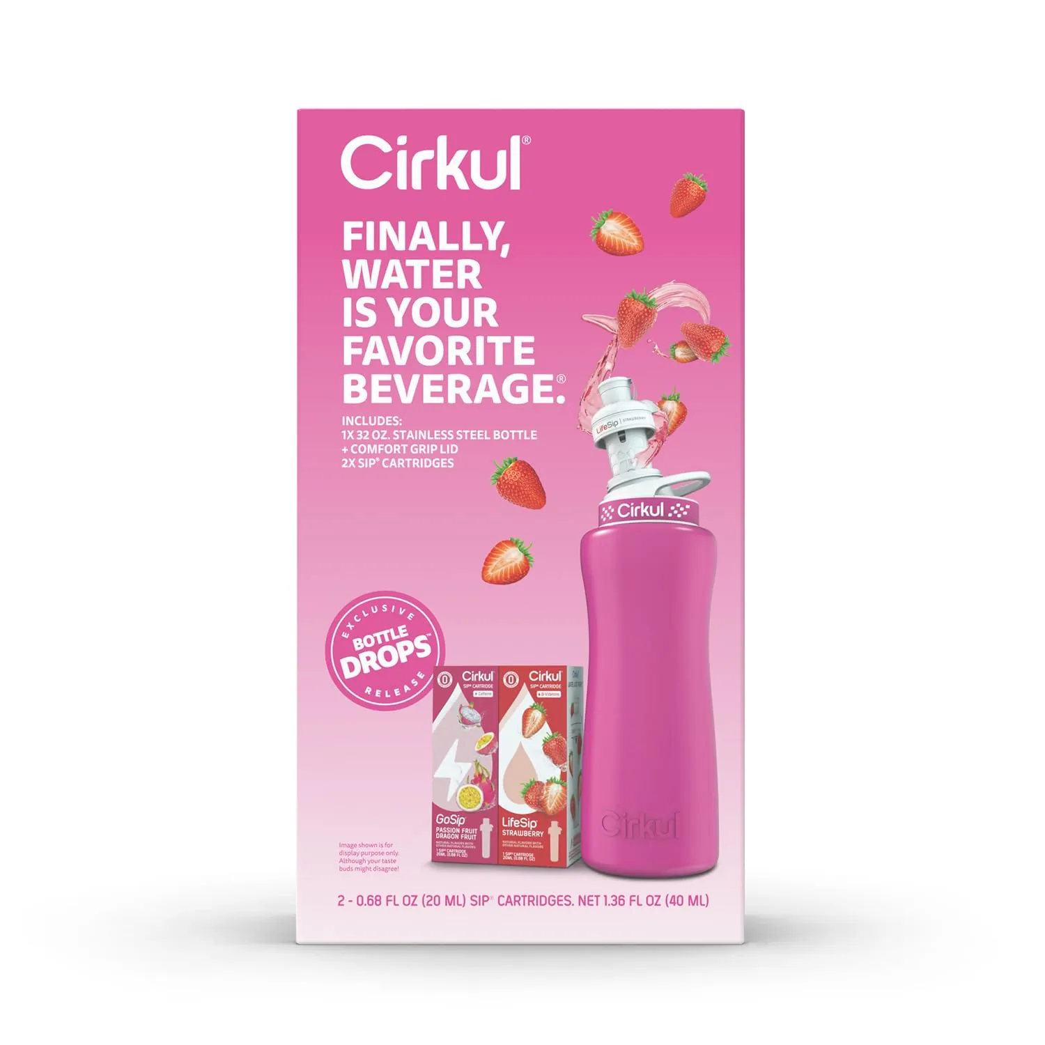 Cirkul 32oz. Hot Pink Stainless Steel Water Bottle Starter Kit with Pink Lid and 2 Flavor Cartridges (1 LifeSip Strawberry, 1 GoSip Passion Fruit Dragon Fruit) Zero Calories and No Sugar