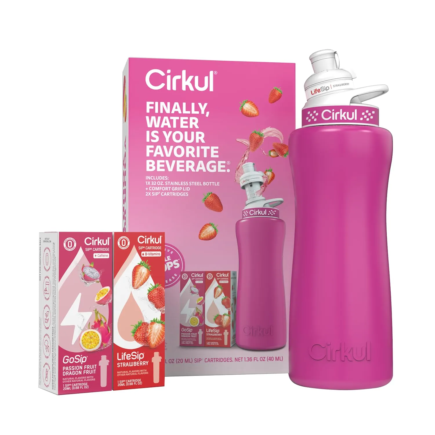 Cirkul 32oz. Hot Pink Stainless Steel Water Bottle Starter Kit with Pink Lid and 2 Flavor Cartridges (1 LifeSip Strawberry, 1 GoSip Passion Fruit Dragon Fruit) Zero Calories and No Sugar