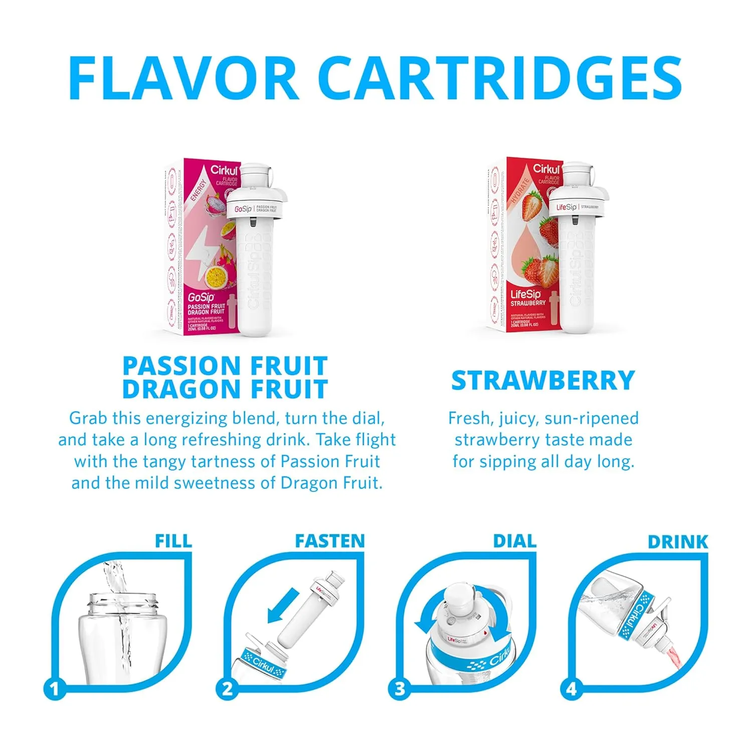 Cirkul 32oz. Hot Pink Stainless Steel Water Bottle Starter Kit with Pink Lid and 2 Flavor Cartridges (1 LifeSip Strawberry, 1 GoSip Passion Fruit Dragon Fruit) Zero Calories and No Sugar