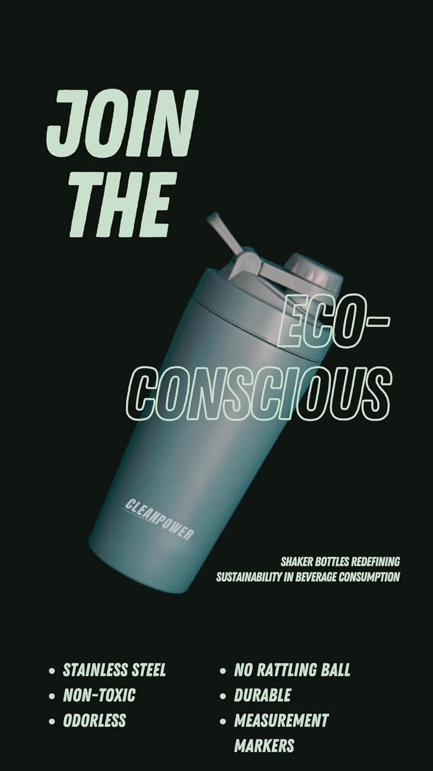 Clean Power Stainless Steel Shaker Bottle | Perfect for Protein Shakes, Pre-Workout, Smoothies, Coffee, etc. | Odor-Resistant | BPA Free Lid (Sage Green)