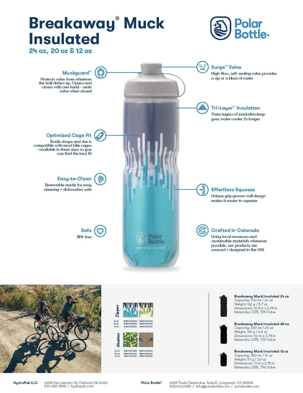 Clearance: Breakaway® Muck Insulated Water Bottle 24 oz Shatter Charcoal/Copper by Polar Bottle Made in USA