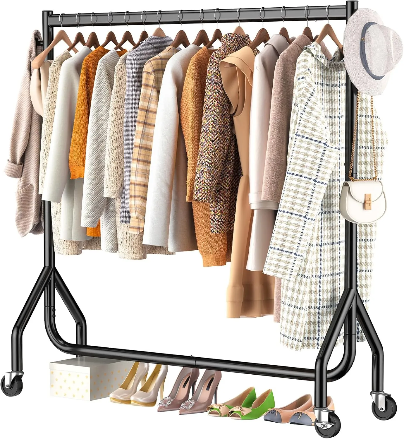 Clothes Clothing Rack, Rolling Heavy Duty Clothes Rack Load 420 LBS With Wheels, Metal Clothes Rack for Hanging Clothes, Portable Standing Clothes Garment Rack, Black,48 inches