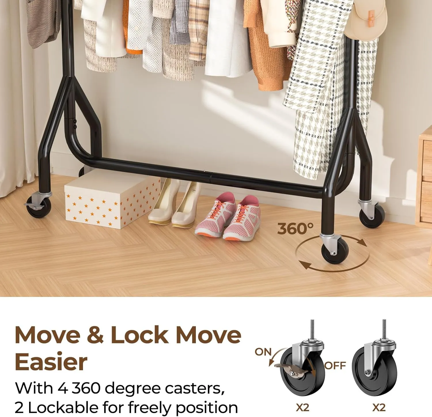 Clothes Clothing Rack, Rolling Heavy Duty Clothes Rack Load 420 LBS With Wheels, Metal Clothes Rack for Hanging Clothes, Portable Standing Clothes Garment Rack, Black,48 inches