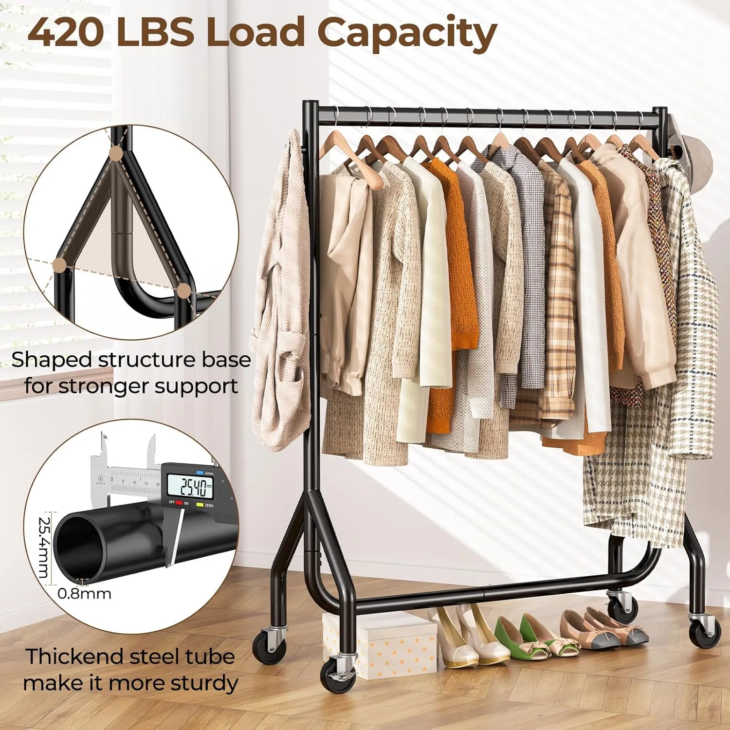 Clothes Clothing Rack, Rolling Heavy Duty Clothes Rack Load 420 LBS With Wheels, Metal Clothes Rack for Hanging Clothes, Portable Standing Clothes Garment Rack, Black,48 inches