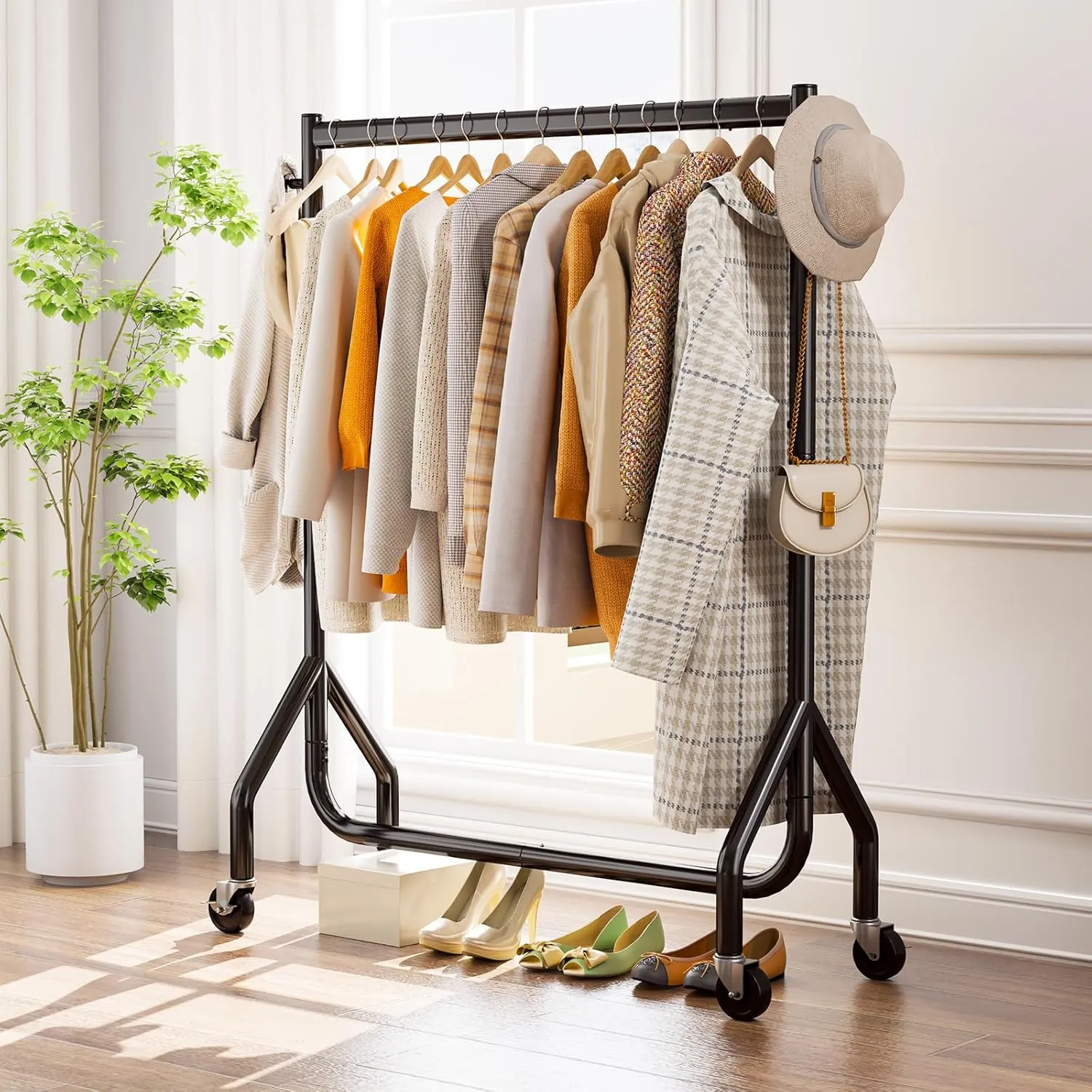 Clothes Clothing Rack, Rolling Heavy Duty Clothes Rack Load 420 LBS With Wheels, Metal Clothes Rack for Hanging Clothes, Portable Standing Clothes Garment Rack, Black,48 inches