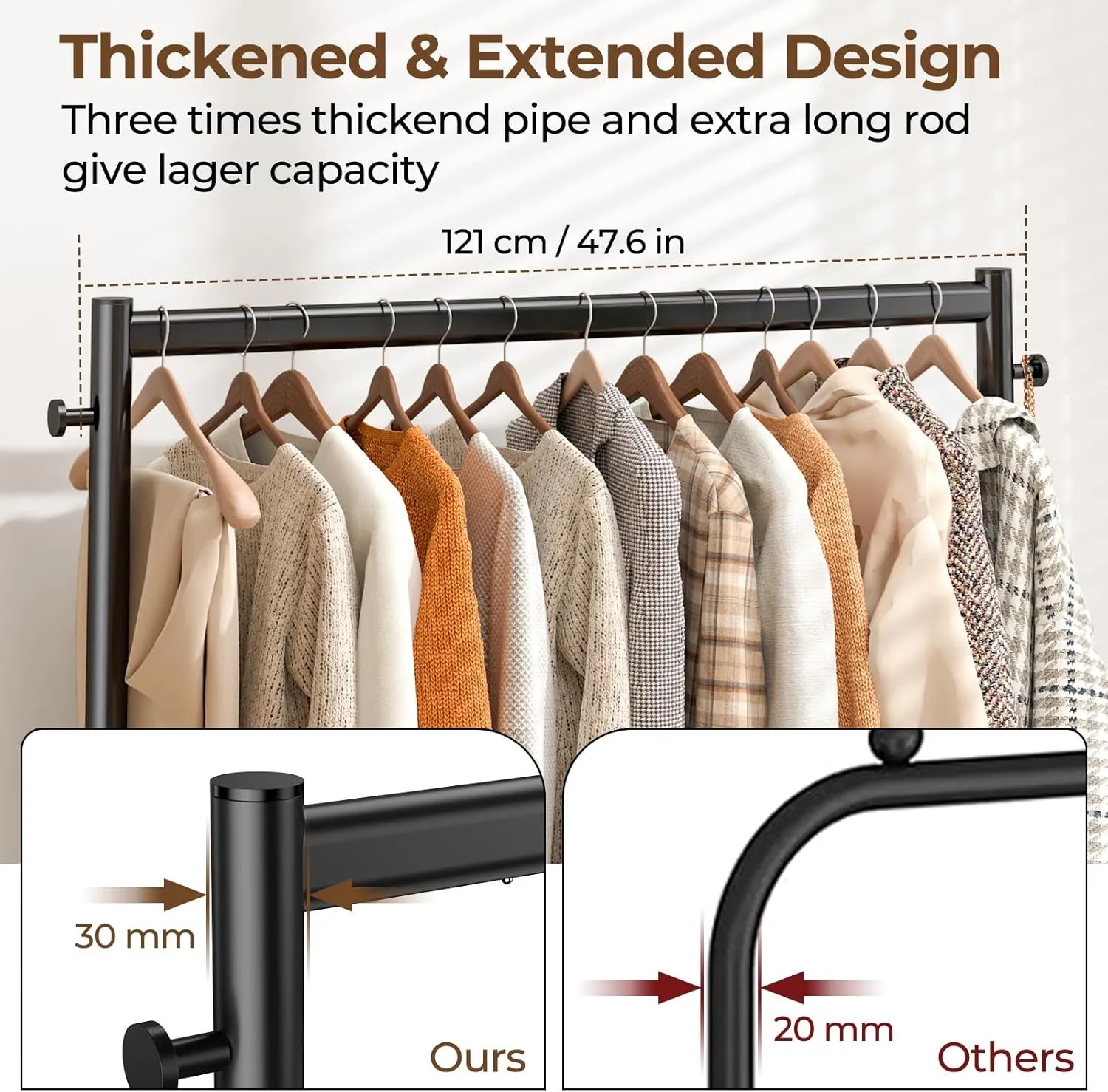 Clothes Clothing Rack, Rolling Heavy Duty Clothes Rack Load 420 LBS With Wheels, Metal Clothes Rack for Hanging Clothes, Portable Standing Clothes Garment Rack, Black,48 inches