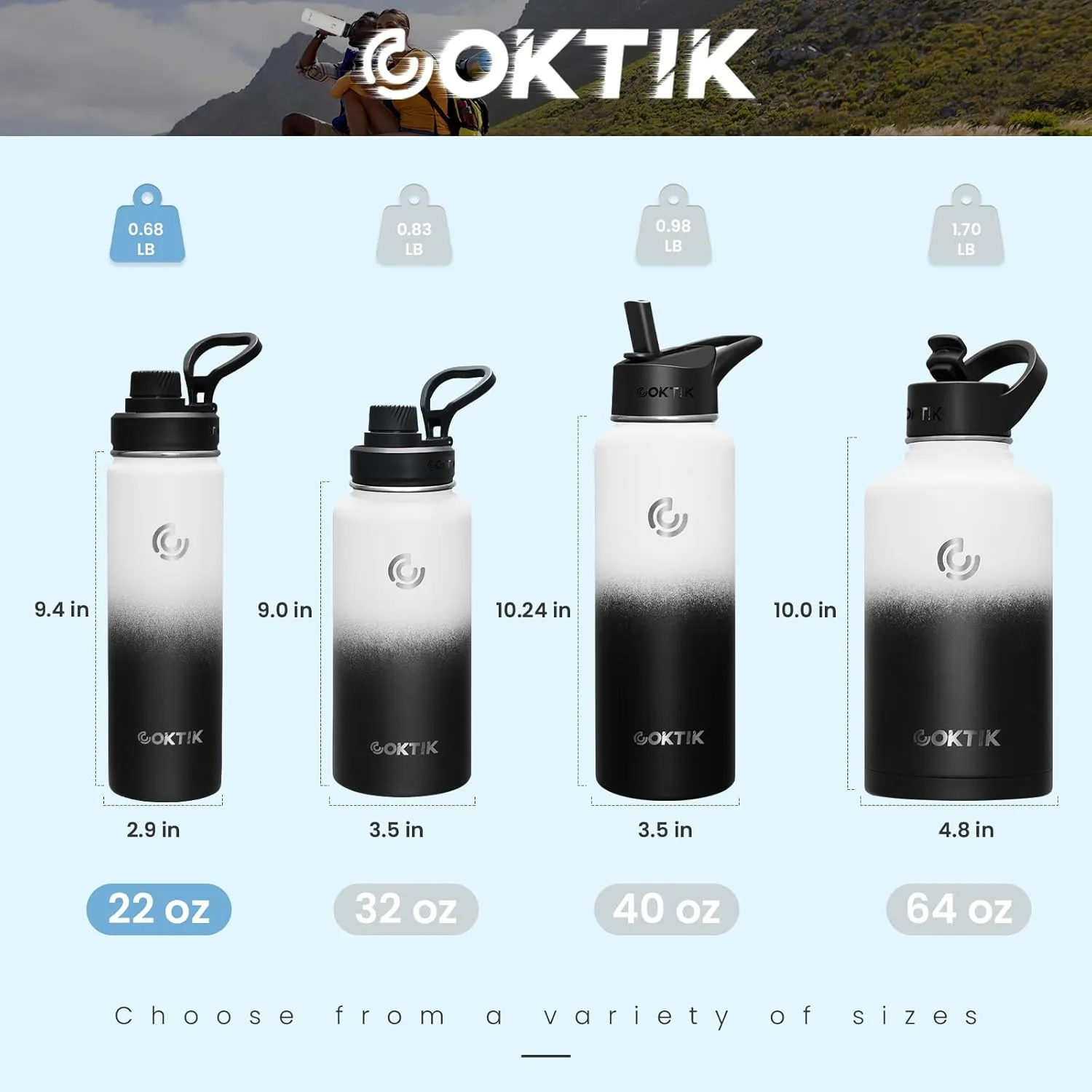 COKTIK Insulated Stainless Steel Water Bottle With Straw Lid, 22 oz Wide Mouth Double Wall Vacuum Insulated Water Bottle Leakproof Lightweight for Hiking, Biking, Running(Day & Night)