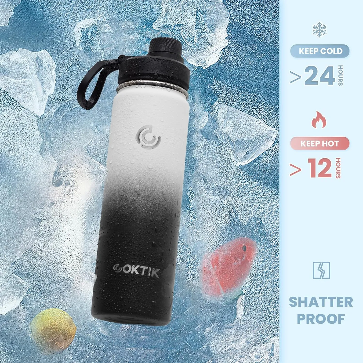 COKTIK Insulated Stainless Steel Water Bottle With Straw Lid, 22 oz Wide Mouth Double Wall Vacuum Insulated Water Bottle Leakproof Lightweight for Hiking, Biking, Running(Day & Night)