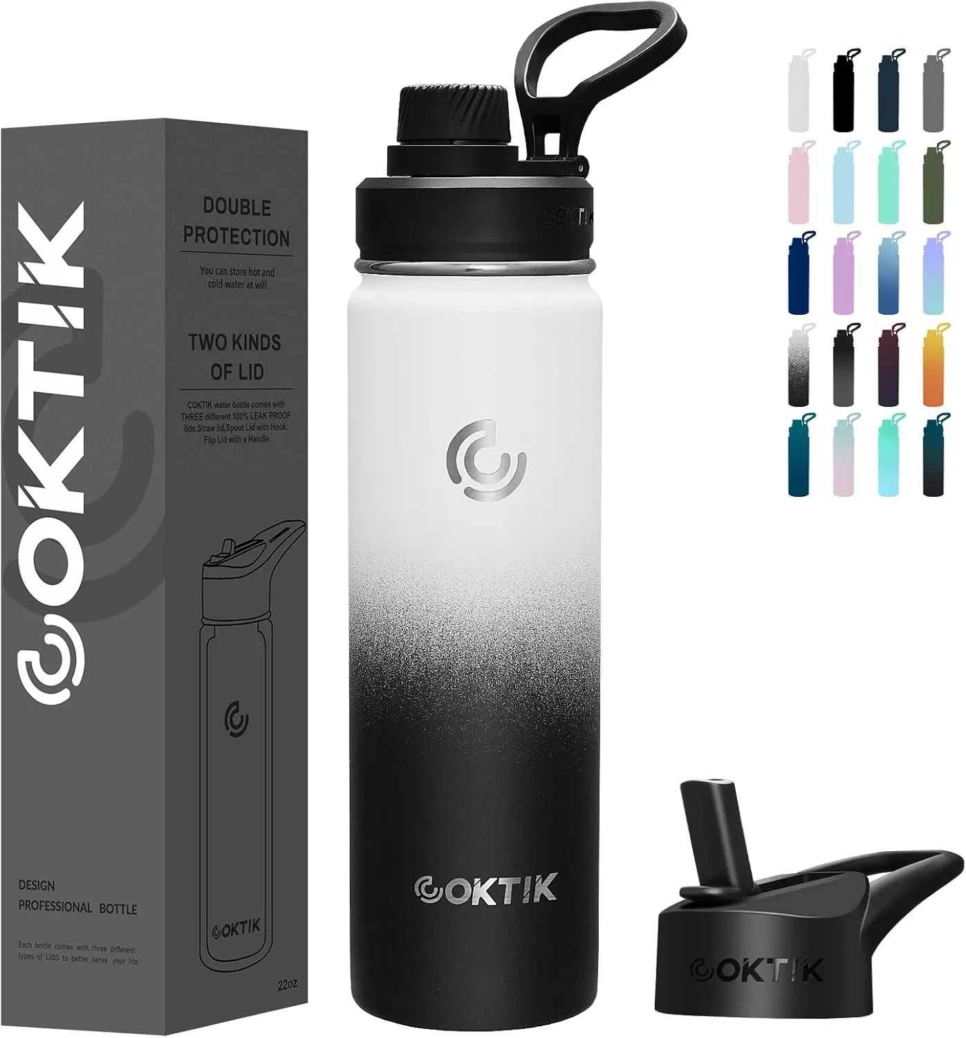 COKTIK Insulated Stainless Steel Water Bottle With Straw Lid, 22 oz Wide Mouth Double Wall Vacuum Insulated Water Bottle Leakproof Lightweight for Hiking, Biking, Running(Day & Night)