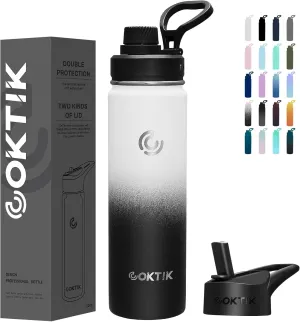 COKTIK Insulated Stainless Steel Water Bottle With Straw Lid, 22 oz Wide Mouth Double Wall Vacuum Insulated Water Bottle Leakproof Lightweight for Hiking, Biking, Running(Day & Night)