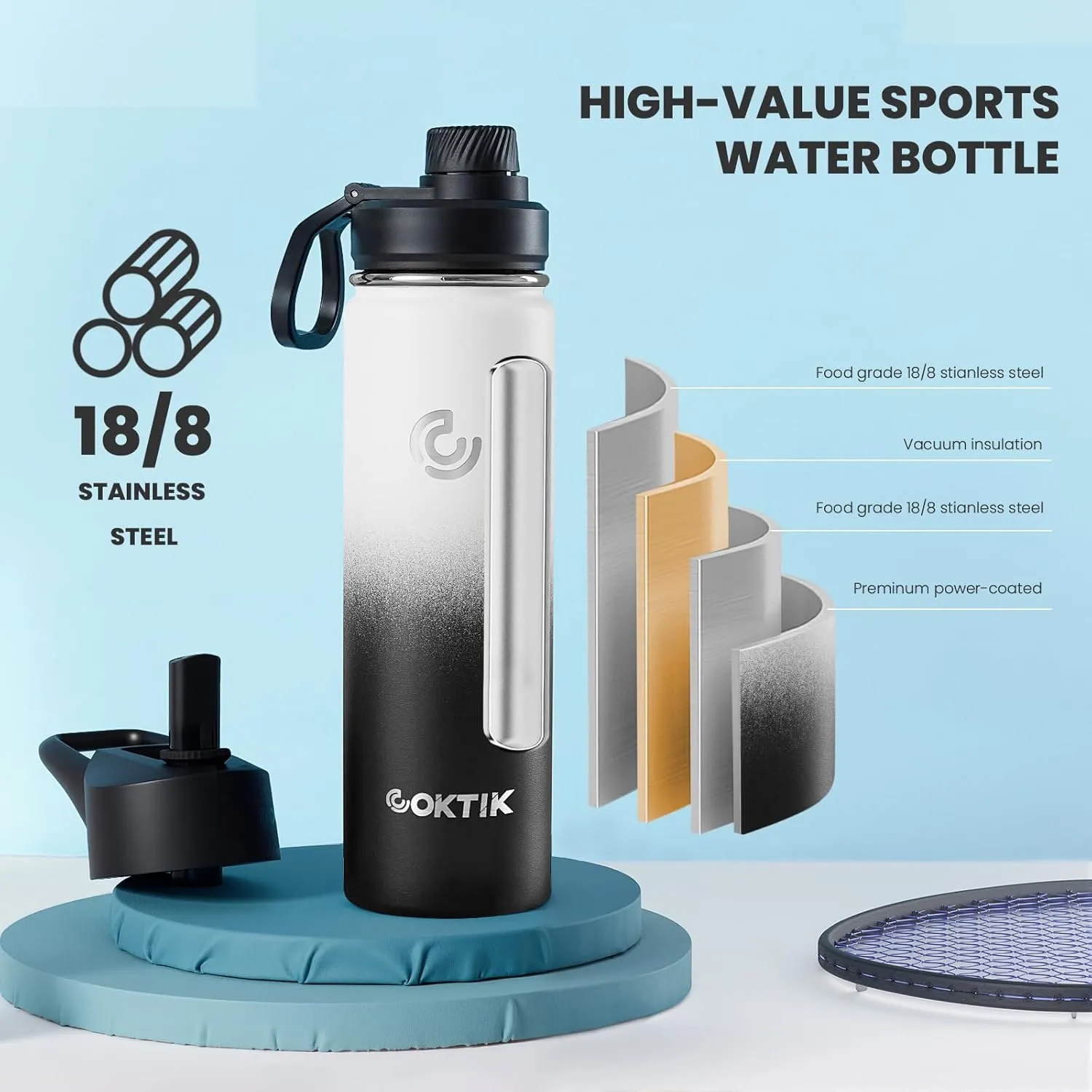 COKTIK Insulated Stainless Steel Water Bottle With Straw Lid, 22 oz Wide Mouth Double Wall Vacuum Insulated Water Bottle Leakproof Lightweight for Hiking, Biking, Running(Day & Night)