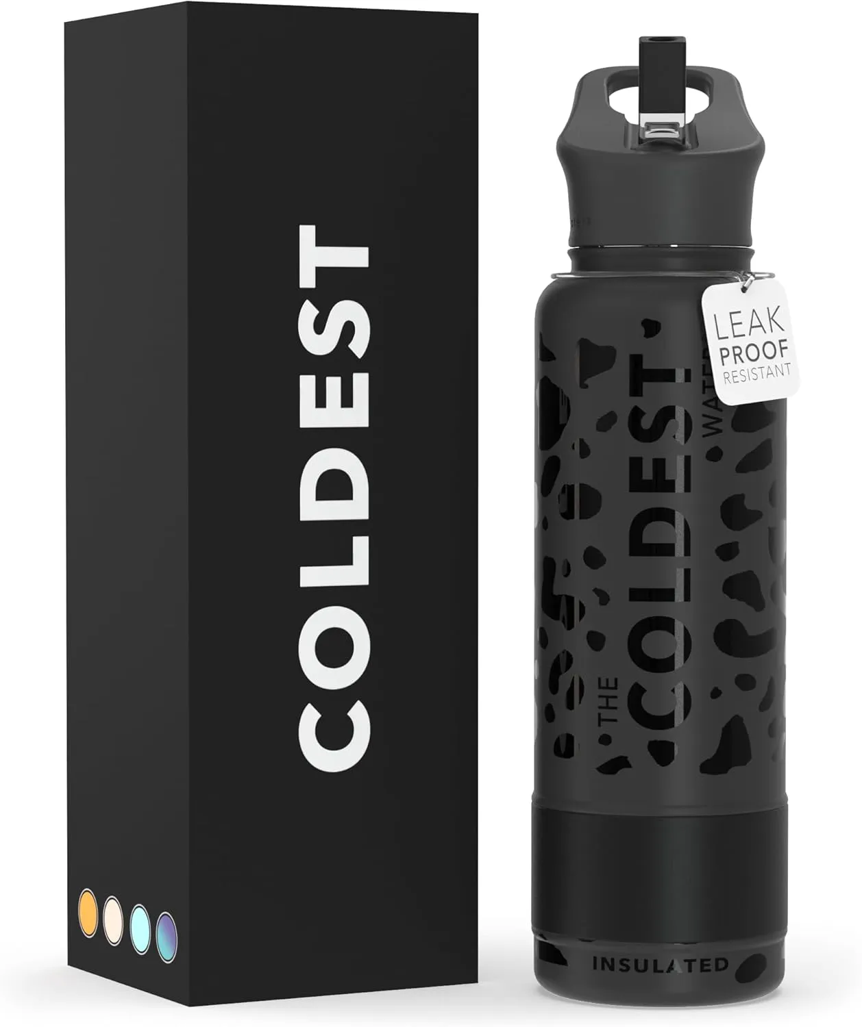 Coldest Insulated Water Bottle with Straw Lid - Stainless Steel Metal Thermos for Men & Women (Black Leopard, 40 oz)