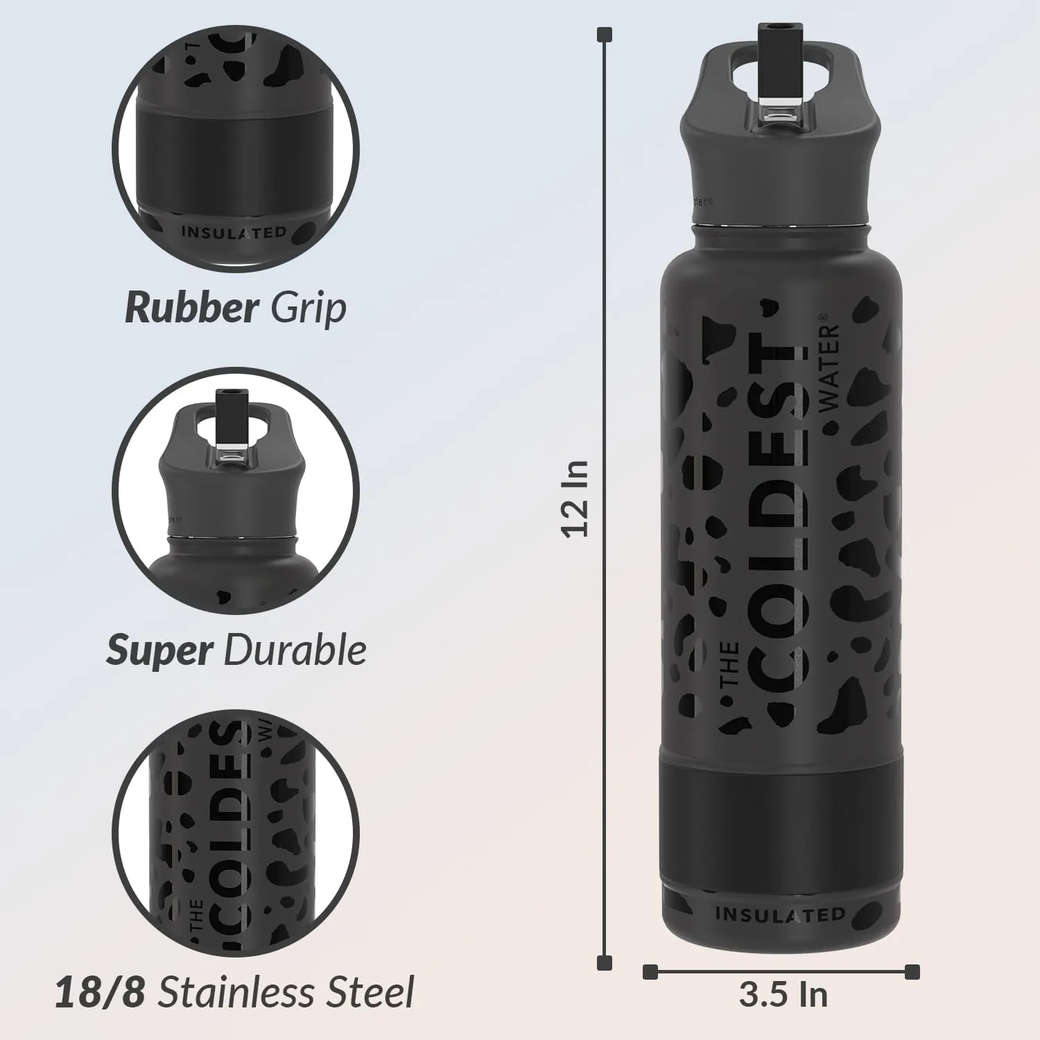 Coldest Insulated Water Bottle with Straw Lid - Stainless Steel Metal Thermos for Men & Women (Black Leopard, 40 oz)