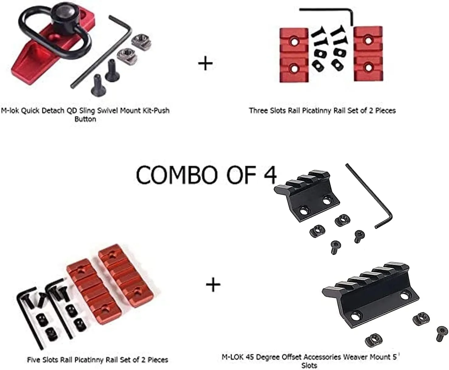 Combo of 4-45 Degree Offset Mount, 5 Slot, 3 Slot Rail with Quick Detach QD S l i n g S w i v e l Mount Kit-Push Button in Durable Material in red