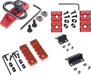 Combo of 4-45 Degree Offset Mount, 5 Slot, 3 Slot Rail with Quick Detach QD S l i n g S w i v e l Mount Kit-Push Button in Durable Material in red