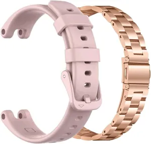 Compatible for Garmin Lily Band, Silicone Sport Strap   Metal Classic Stainless Steel Replacement Slim Accessory Fit for Garmin Lily Smartwatch Women Dressy, Rose Gold Pink