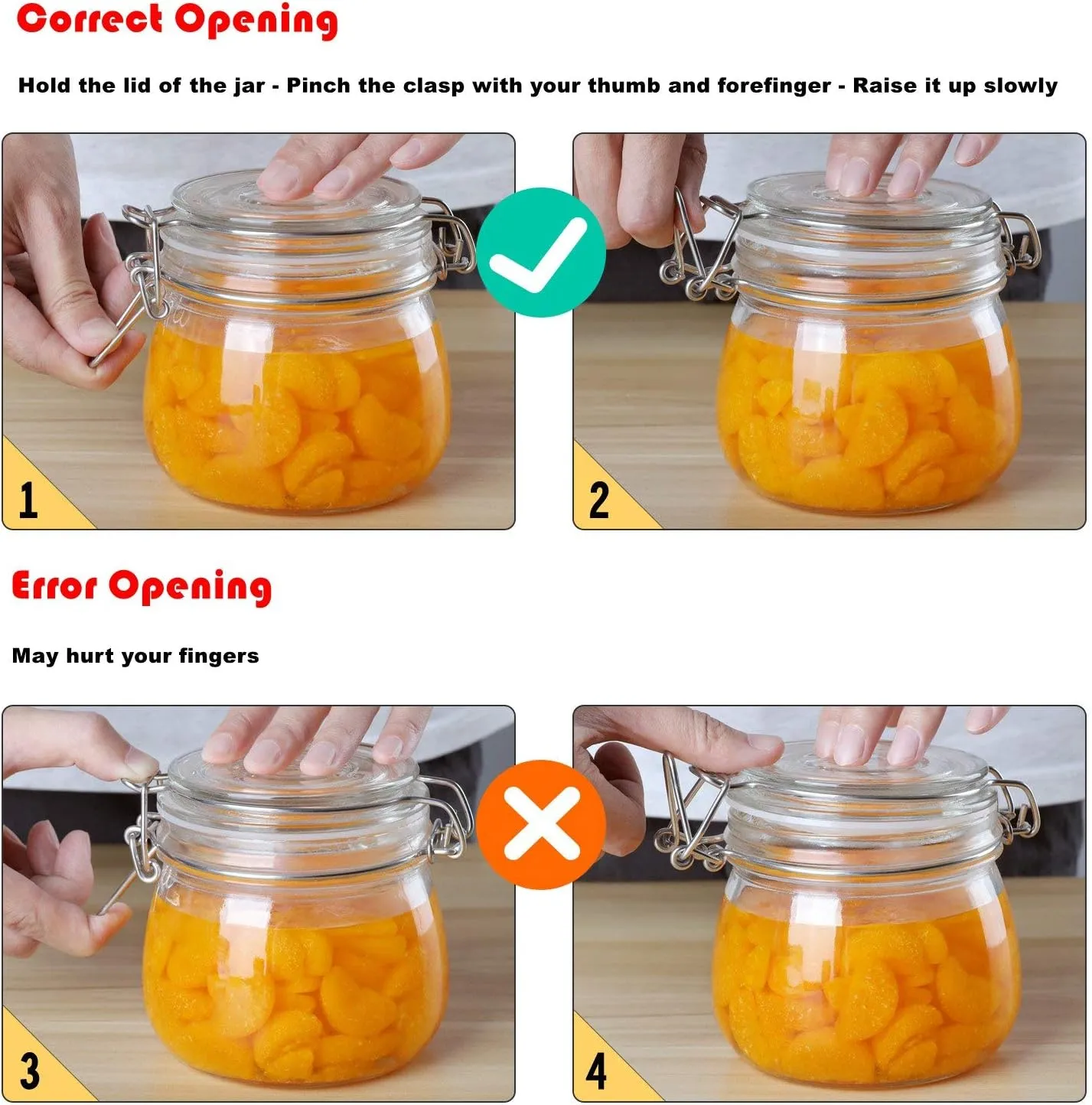 ComSaf Airtight Glass Canister Set of 3 with Lids 78oz Food Storage Jar Square - Storage Container with Clear Preserving Seal Wire Clip Fastening for Kitchen Canning Flour, Cereal, Pasta, Sugar, Beans