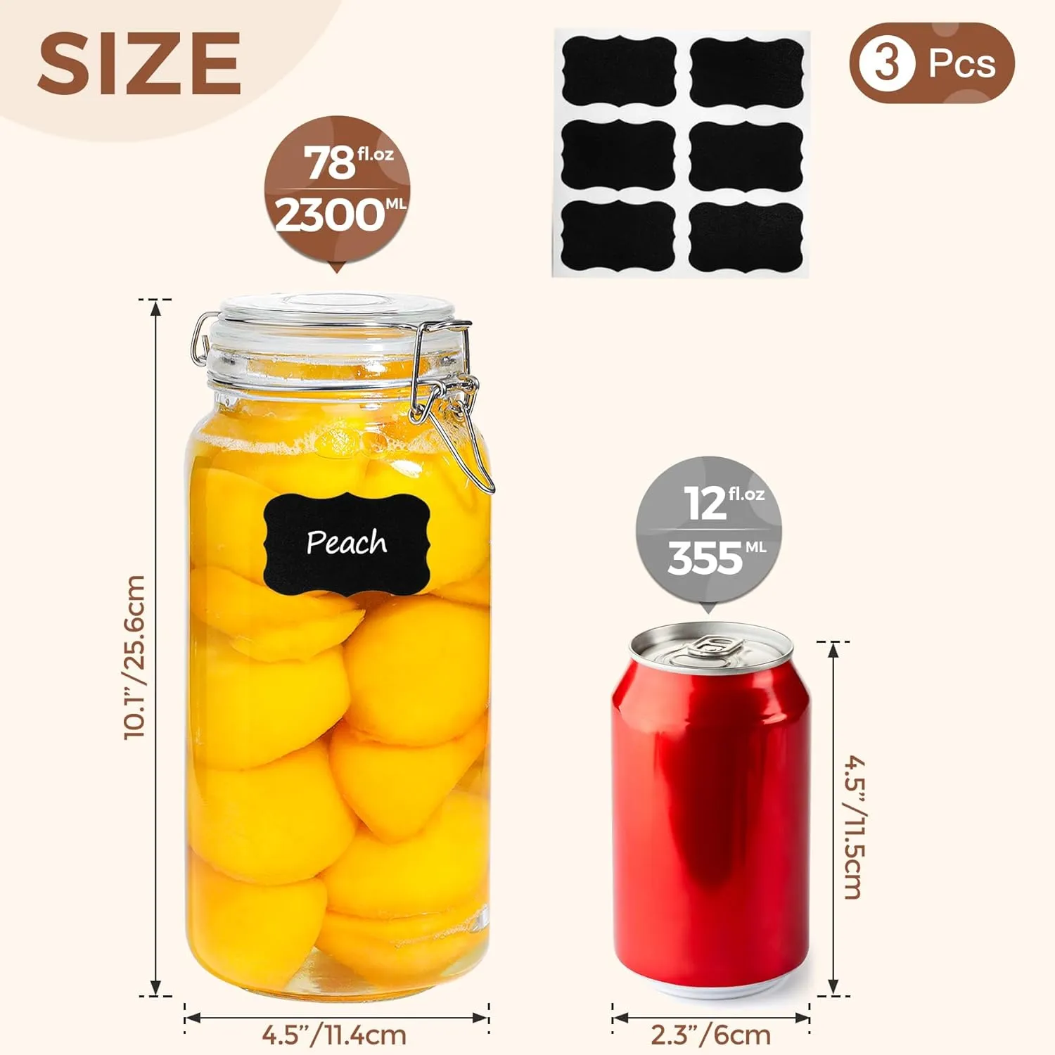ComSaf Airtight Glass Canister Set of 3 with Lids 78oz Food Storage Jar Square - Storage Container with Clear Preserving Seal Wire Clip Fastening for Kitchen Canning Flour, Cereal, Pasta, Sugar, Beans
