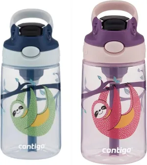 Contigo Kids Water Bottle, 14 oz with Autospout Technology – Spill Proof, Easy-Clean Lid Design – Ages 3 Plus, Top Rack Dishwasher Safe,2-PK Purple-Pink Sloth- Blue-Green Sloth
