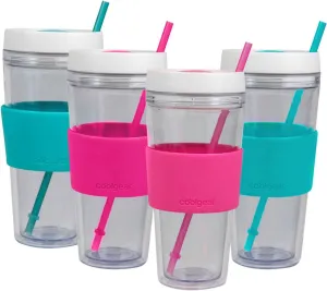 COOL GEAR 4-Pack 24 oz Callisto Clear Chiller with Straw and Band | Dual Function Closure Colored Re-Usable Tumbler Water Bottle - Teal/Pink