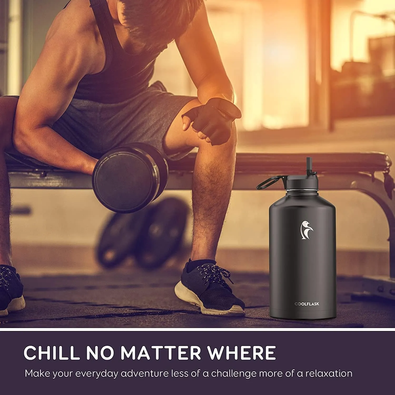 Coolflask Gallon Water Bottle Insulated with Straw&3 Lids, 128 oz Water Jug Large Stainless Steel Metal Vacuum Wide Mouth for Sports, Gym or Office, Non-BPA Keep Cold 48H Hot 24H, Magic Black
