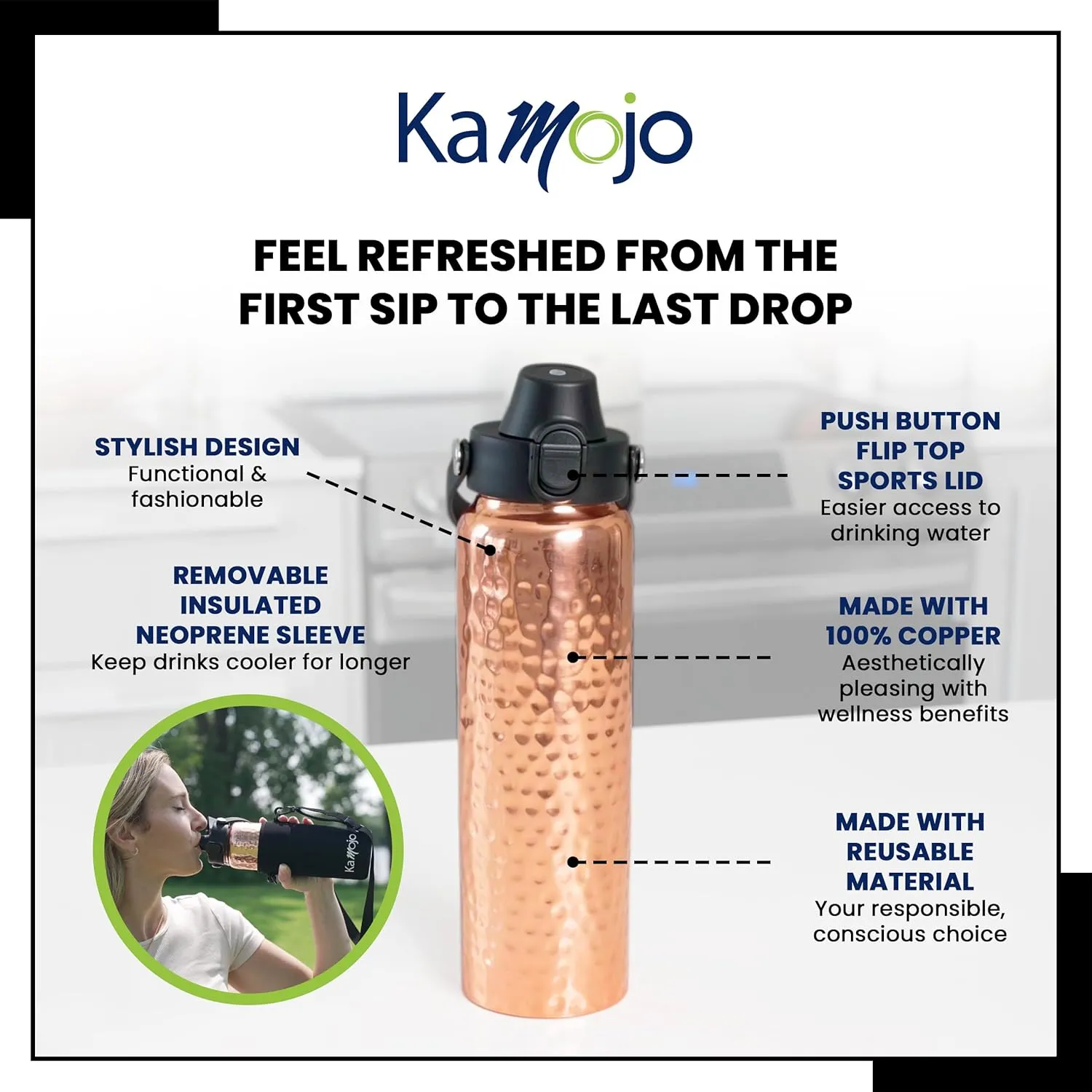 Copper Water Bottle for Drinking - Hammered 100% Pure Copper Tumbler with Push Button Lid, Removable Insulating Sleeve & Straw - Handcrafted 32 fl oz Ayurvedic Cup for Water