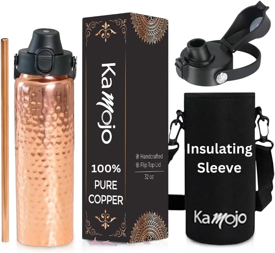 Copper Water Bottle for Drinking - Hammered 100% Pure Copper Tumbler with Push Button Lid, Removable Insulating Sleeve & Straw - Handcrafted 32 fl oz Ayurvedic Cup for Water