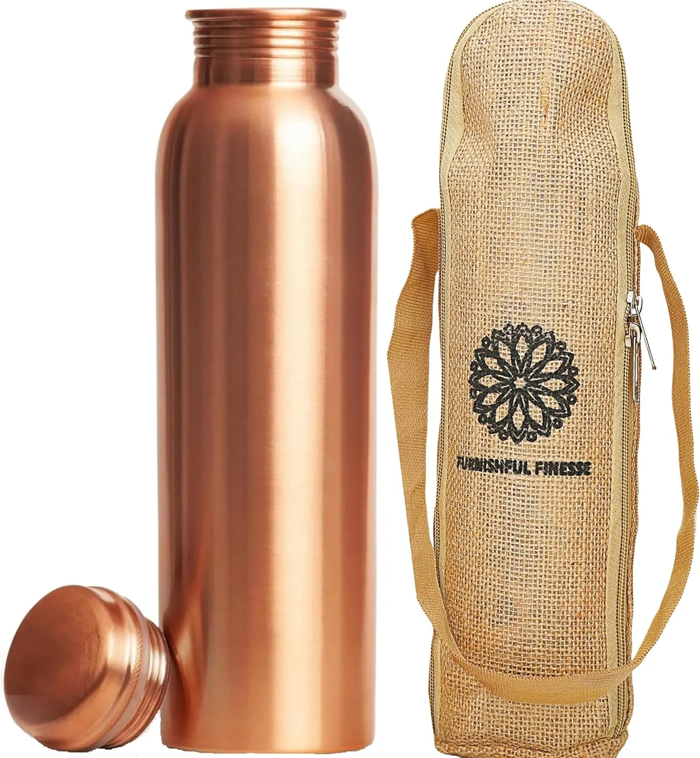 Copper Water Bottle With Jute Carry bag - 34 Oz Copper Bottle For Drinking More Water Ayurvedic Copper Vessel For Yoga, Meditation, Gym, Sports, Outdoor - Pack of 1, Smooth Finish