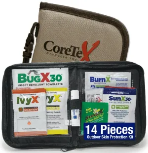 CoreTex 14-Piece Outdoor Skin Protection Kit – Includes Sunscreen, Insect Repellent, Poisonous Plant Solutions, Burn Gel Packets, Itch Relief Gel, Sting Relief Wipe, Hand Sanitizer & Nylon Zipper Case