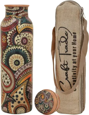 Craft Trade Printed Copper Bottle with Lid and Carry Bag for Drinking Water BPA Free Leak Proof Boosts Immunity, Supports Digestive Ayurveda Inspired 34oz