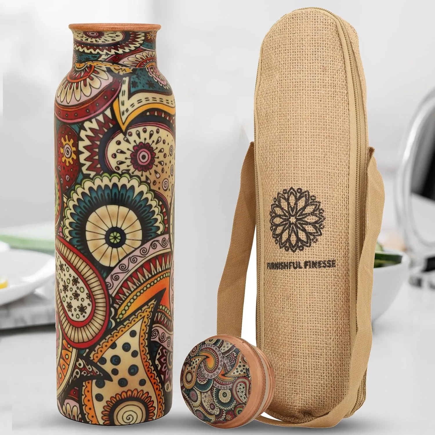 Craft Trade Printed Copper Bottle with Lid and Carry Bag for Drinking Water BPA Free Leak Proof Boosts Immunity, Supports Digestive Ayurveda Inspired 34oz