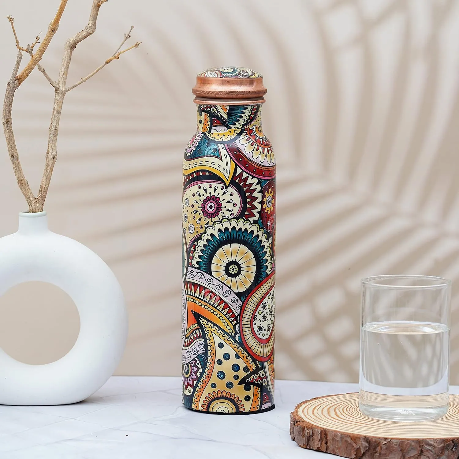 Craft Trade Printed Copper Bottle with Lid and Carry Bag for Drinking Water BPA Free Leak Proof Boosts Immunity, Supports Digestive Ayurveda Inspired 34oz