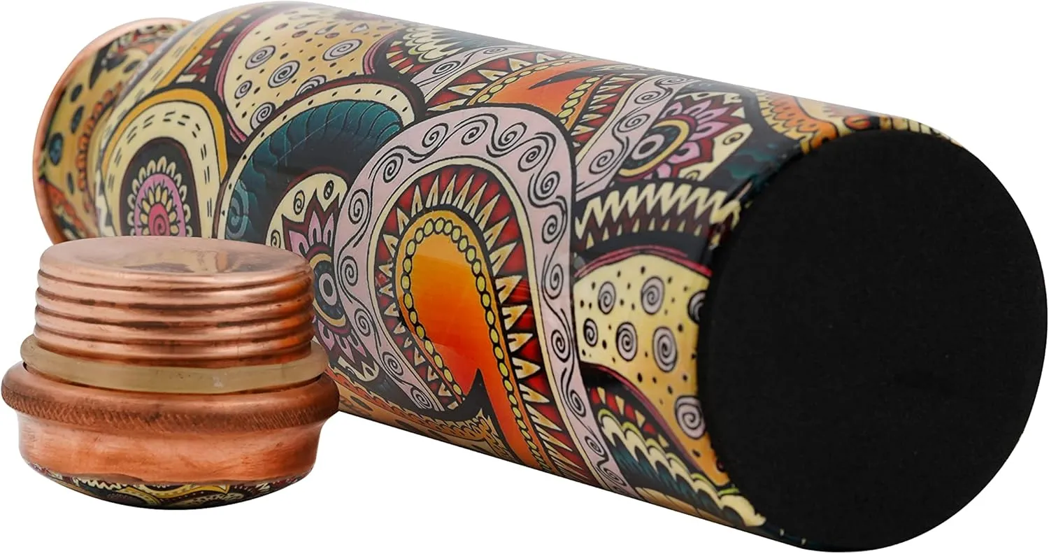Craft Trade Printed Copper Bottle with Lid and Carry Bag for Drinking Water BPA Free Leak Proof Boosts Immunity, Supports Digestive Ayurveda Inspired 34oz