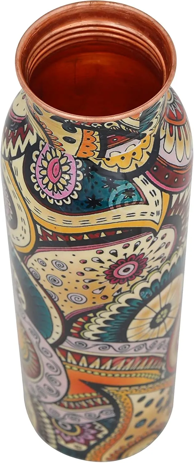 Craft Trade Printed Copper Bottle with Lid and Carry Bag for Drinking Water BPA Free Leak Proof Boosts Immunity, Supports Digestive Ayurveda Inspired 34oz