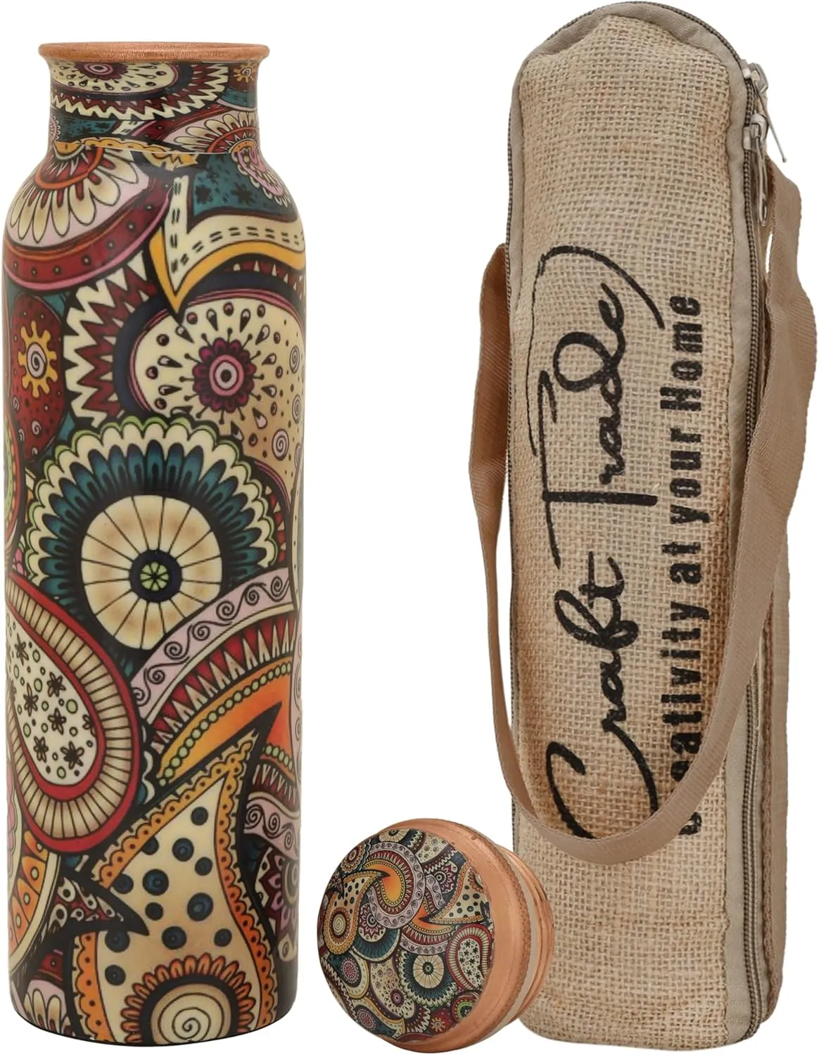Craft Trade Printed Copper Bottle with Lid and Carry Bag for Drinking Water BPA Free Leak Proof Boosts Immunity, Supports Digestive Ayurveda Inspired 34oz