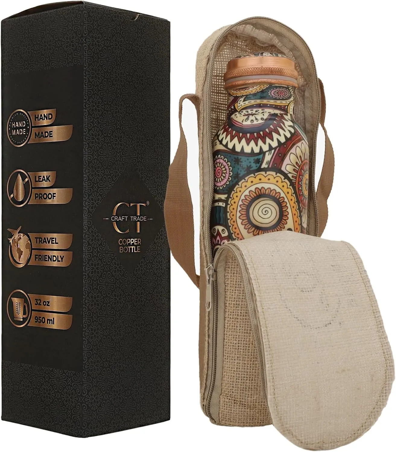 Craft Trade Printed Copper Bottle with Lid and Carry Bag for Drinking Water BPA Free Leak Proof Boosts Immunity, Supports Digestive Ayurveda Inspired 34oz